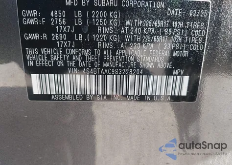 2025 Subaru Outback z USA, uszkodzony, nr VIN 4S4BTAAC9S3228204